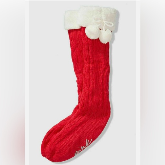 PINK Victoria's Secret Accessories - VS‎ PINK SHERPA CABLE KNIT KNEE-HIGH POM-POM LINED SOCKS SLIPPERS
